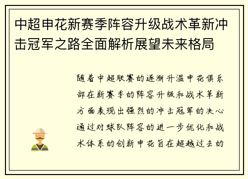 中超申花新赛季阵容升级战术革新冲击冠军之路全面解析展望未来格局
